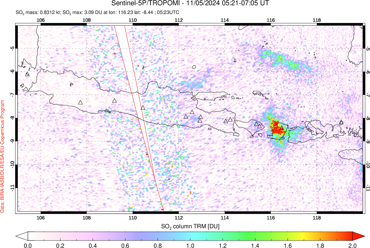 A sulfur dioxide image over Java, Indonesia on Nov 05, 2024.