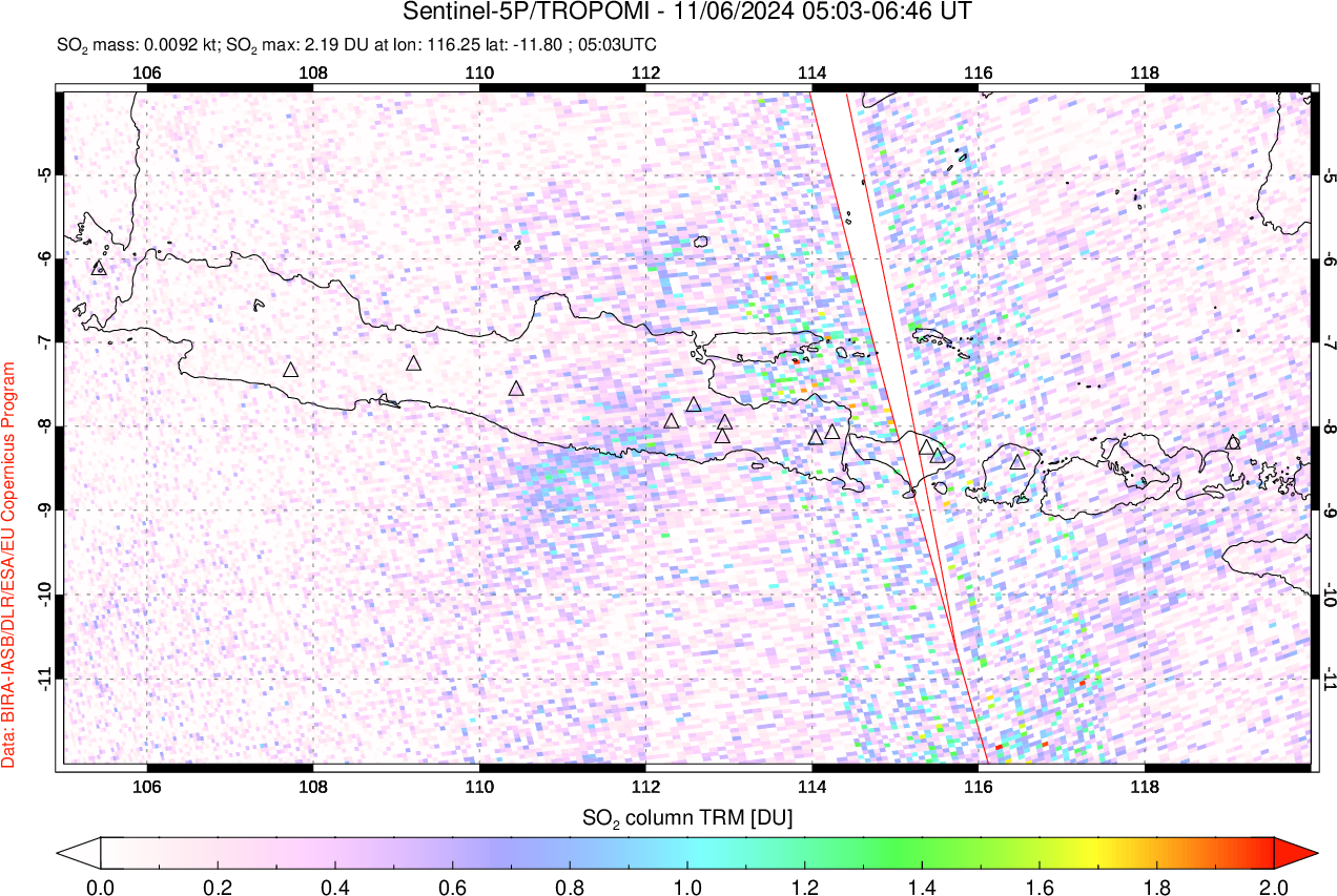 A sulfur dioxide image over Java, Indonesia on Nov 06, 2024.