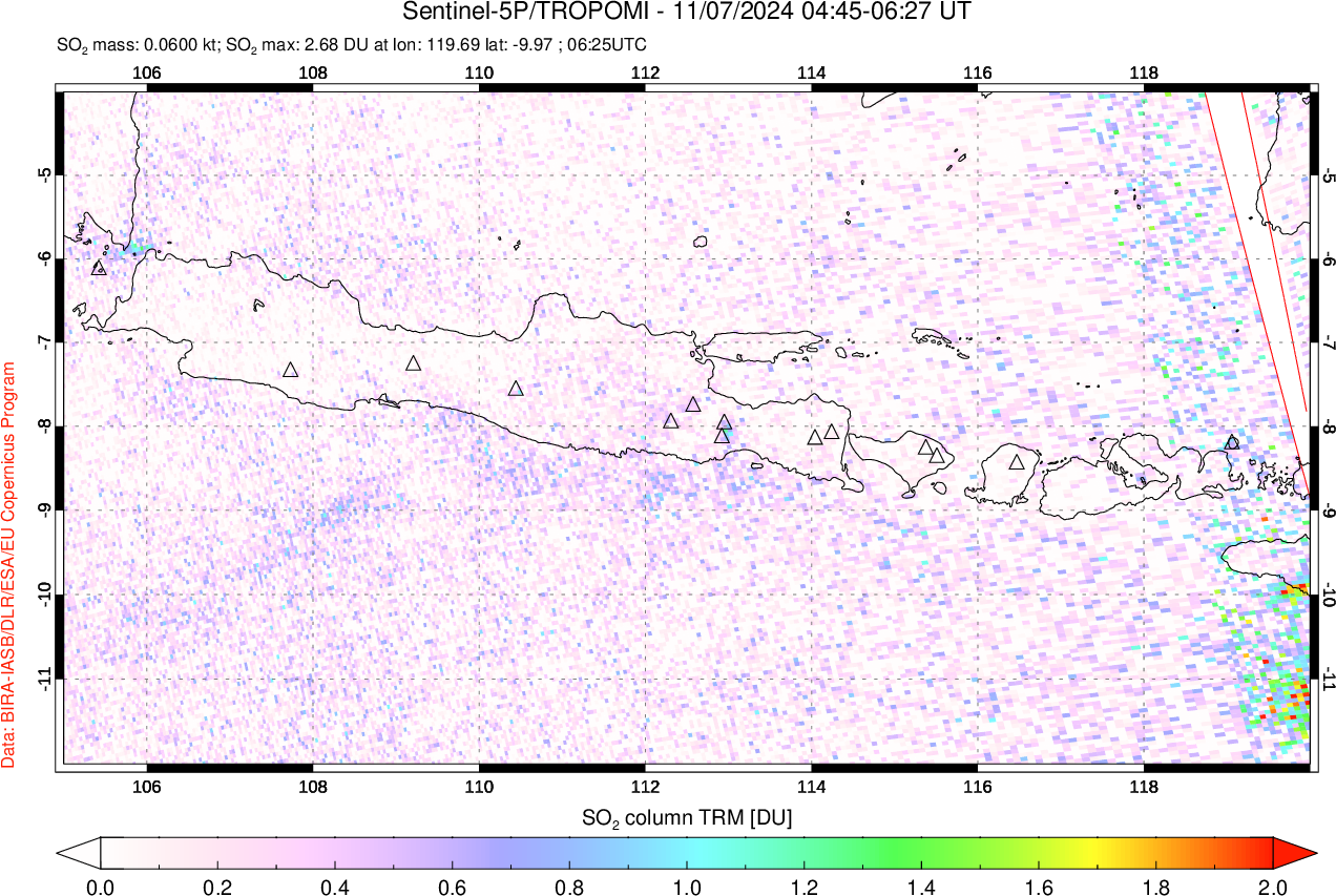 A sulfur dioxide image over Java, Indonesia on Nov 07, 2024.