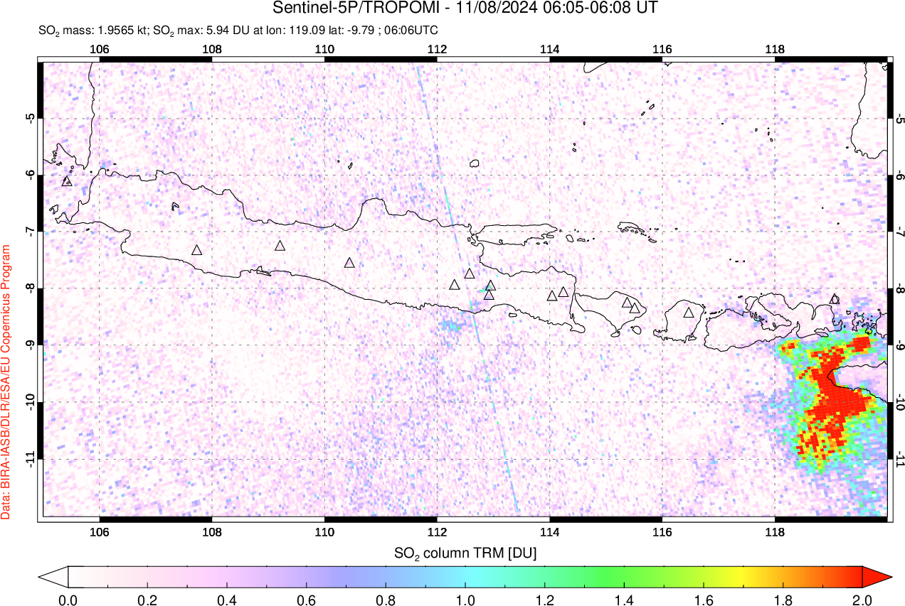 A sulfur dioxide image over Java, Indonesia on Nov 08, 2024.