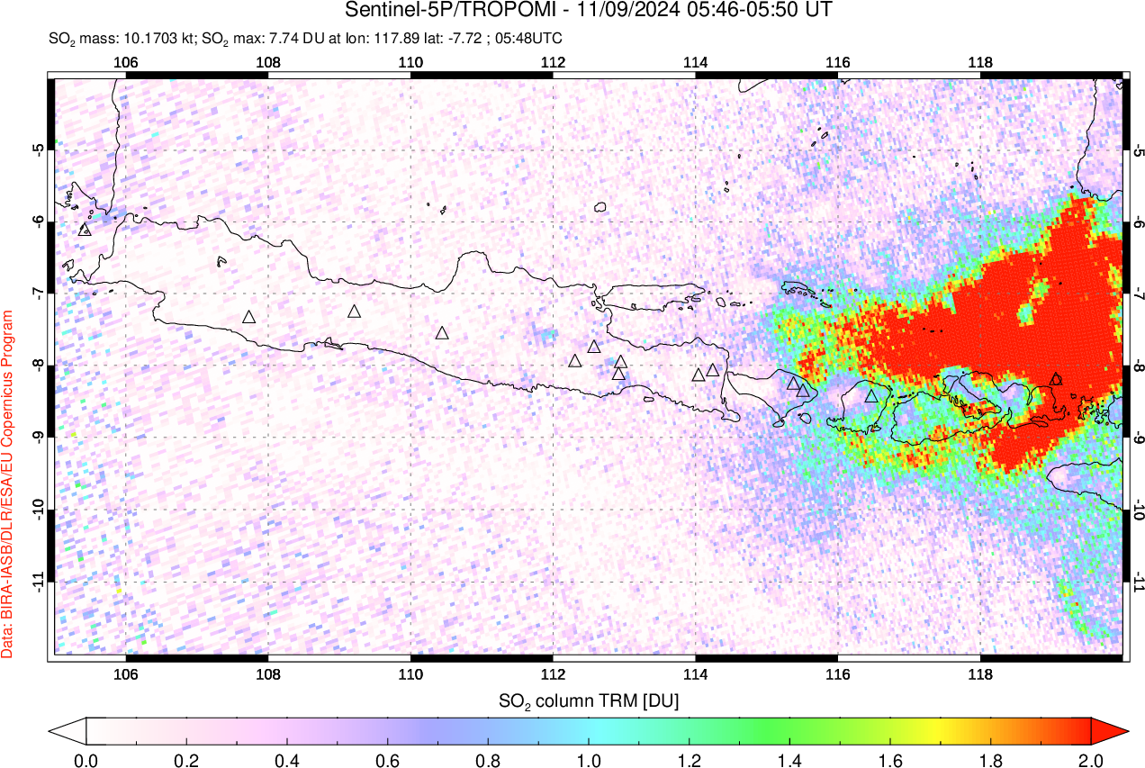 A sulfur dioxide image over Java, Indonesia on Nov 09, 2024.