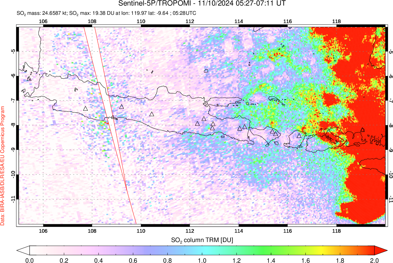 A sulfur dioxide image over Java, Indonesia on Nov 10, 2024.