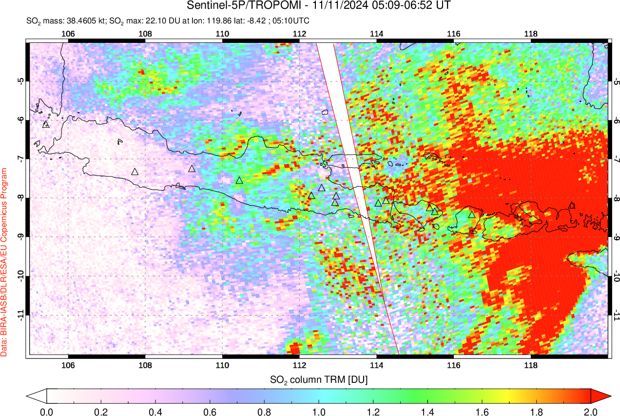 A sulfur dioxide image over Java, Indonesia on Nov 11, 2024.