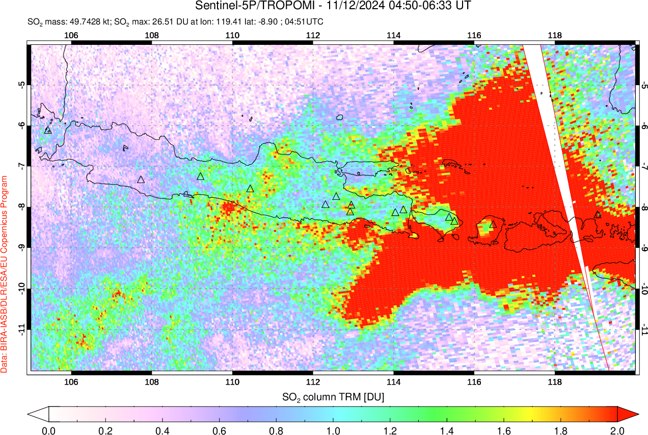 A sulfur dioxide image over Java, Indonesia on Nov 12, 2024.