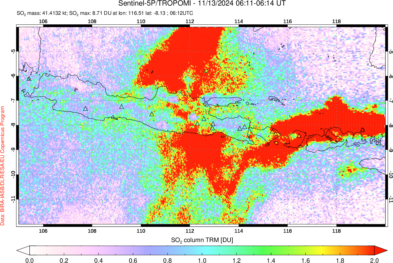 A sulfur dioxide image over Java, Indonesia on Nov 13, 2024.