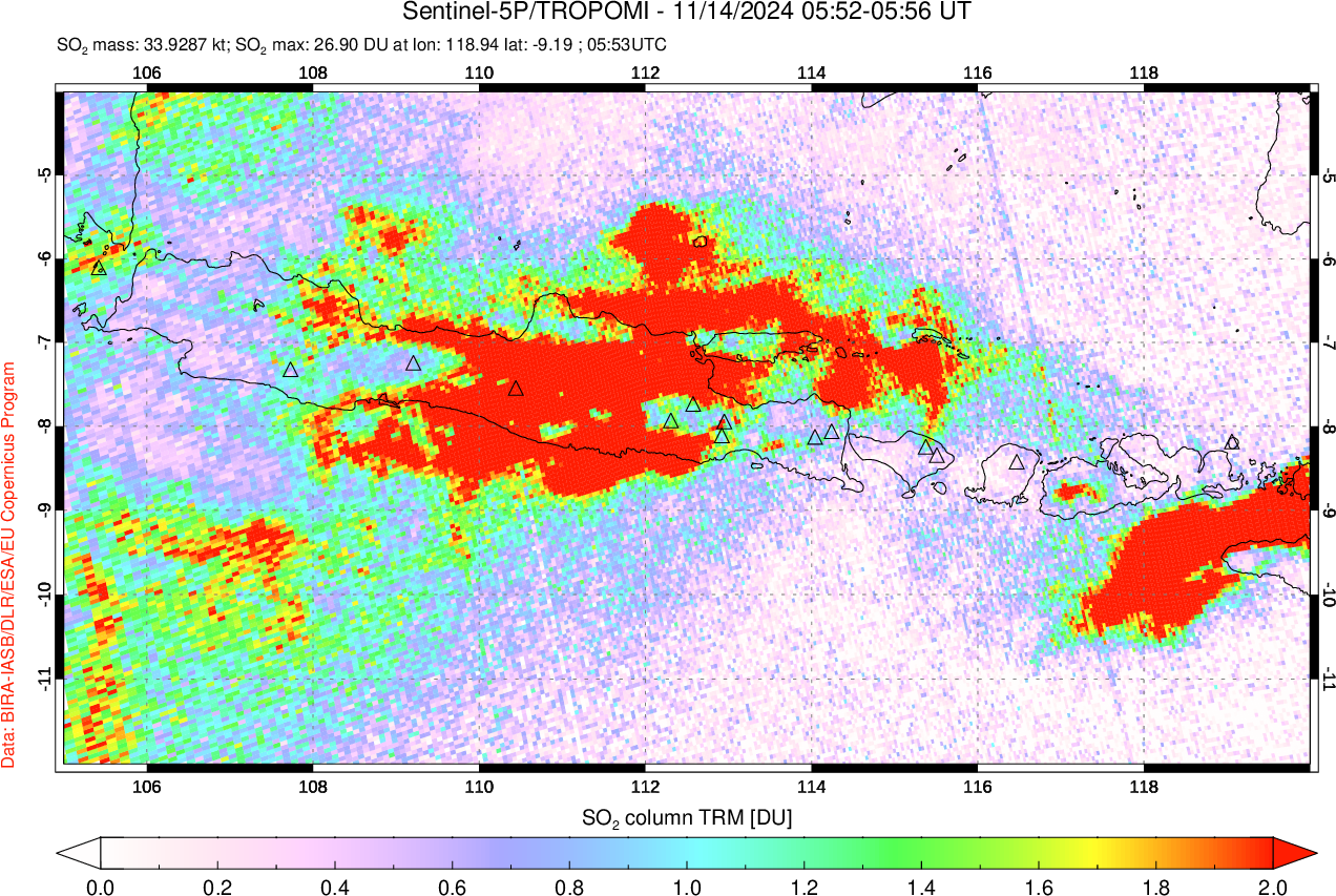 A sulfur dioxide image over Java, Indonesia on Nov 14, 2024.