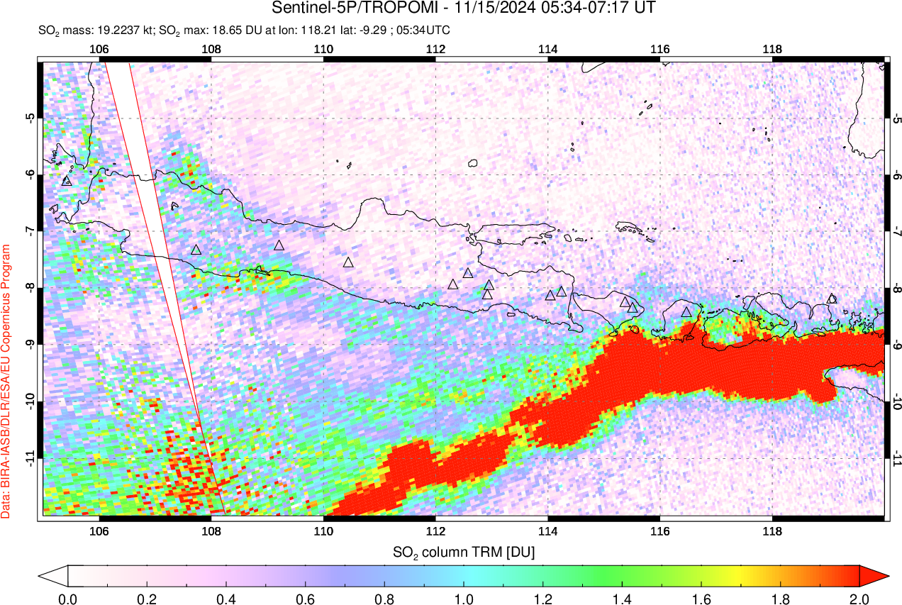 A sulfur dioxide image over Java, Indonesia on Nov 15, 2024.