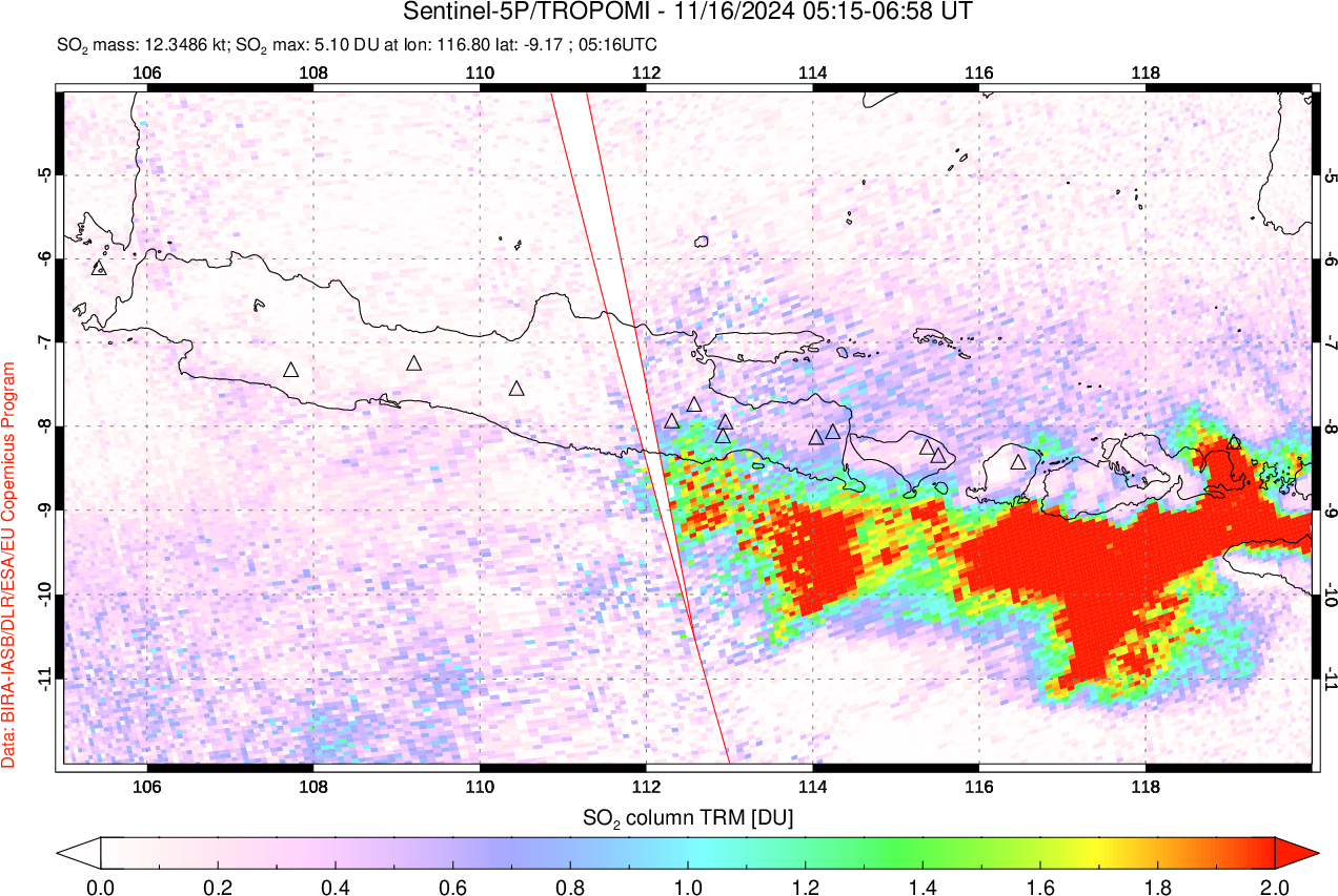 A sulfur dioxide image over Java, Indonesia on Nov 16, 2024.