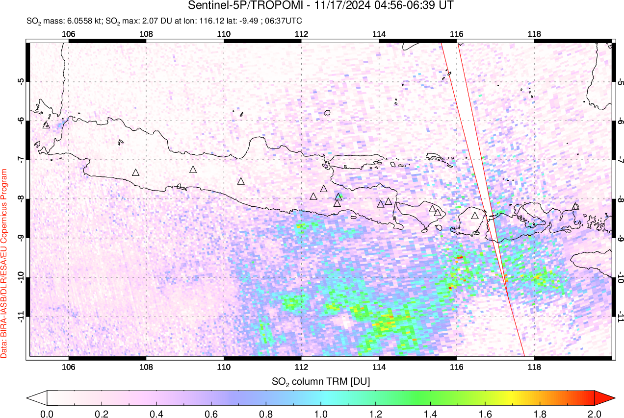 A sulfur dioxide image over Java, Indonesia on Nov 17, 2024.