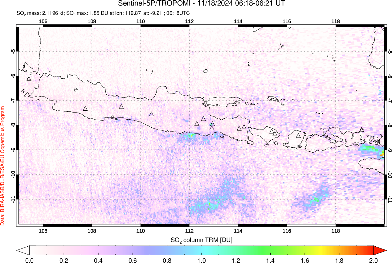 A sulfur dioxide image over Java, Indonesia on Nov 18, 2024.