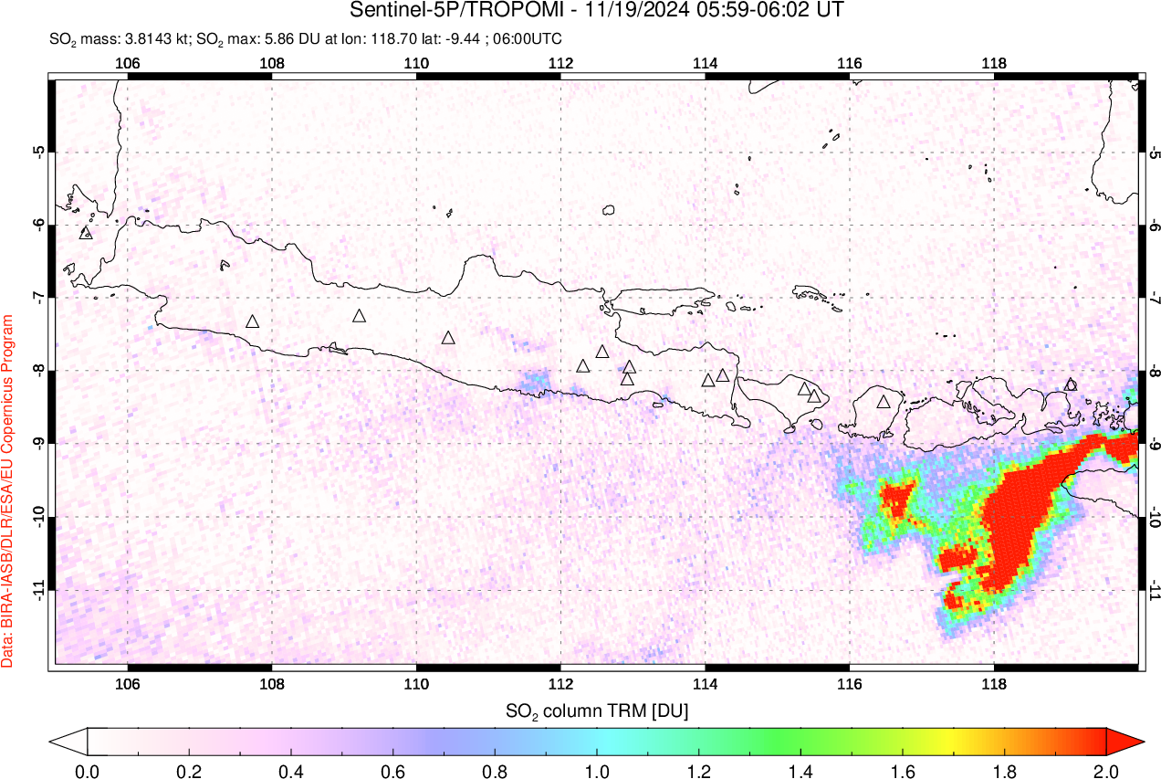 A sulfur dioxide image over Java, Indonesia on Nov 19, 2024.