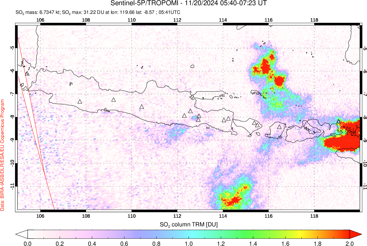 A sulfur dioxide image over Java, Indonesia on Nov 20, 2024.