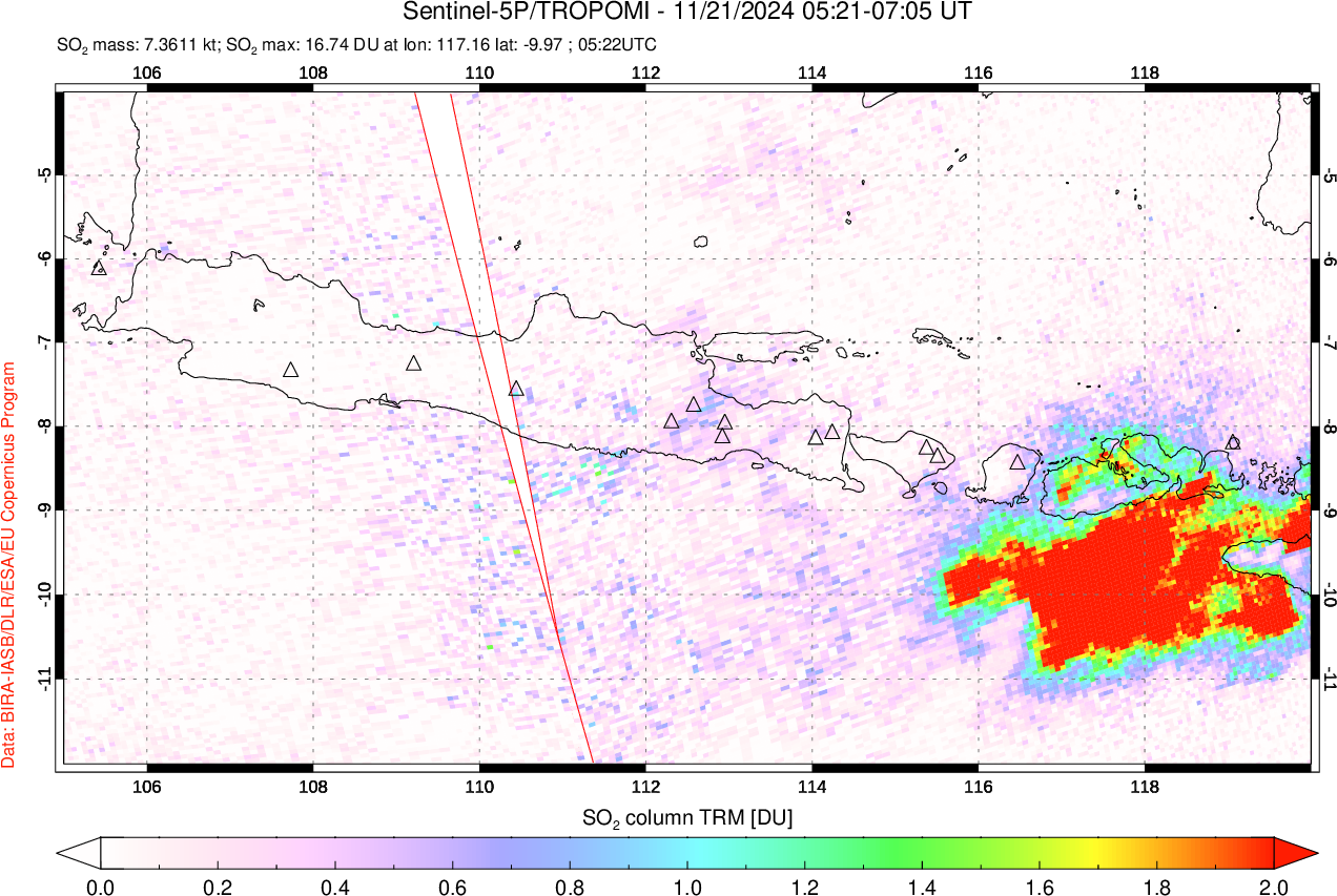 A sulfur dioxide image over Java, Indonesia on Nov 21, 2024.