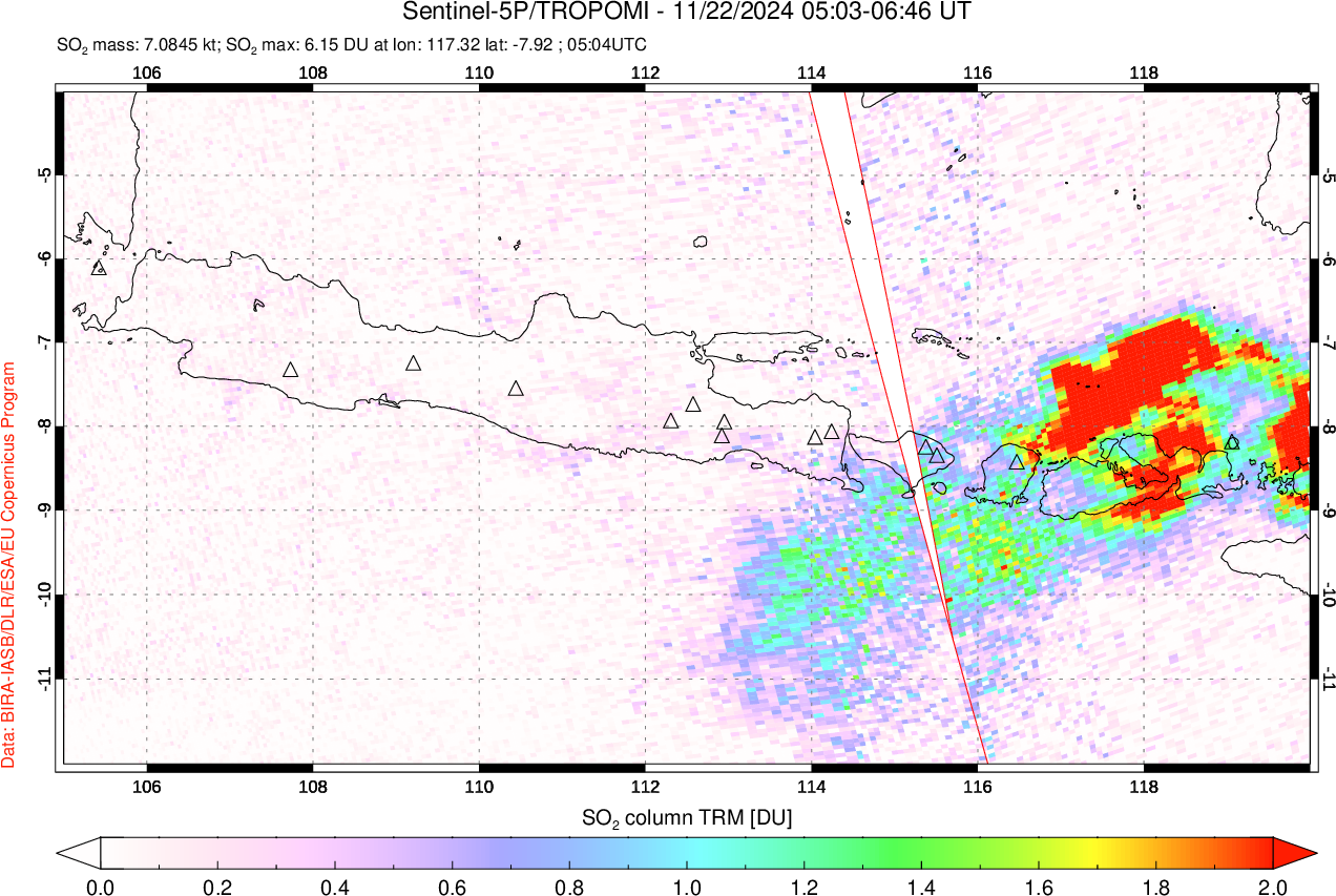 A sulfur dioxide image over Java, Indonesia on Nov 22, 2024.