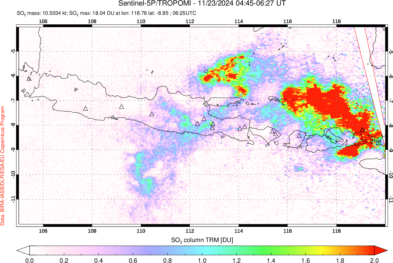 A sulfur dioxide image over Java, Indonesia on Nov 23, 2024.