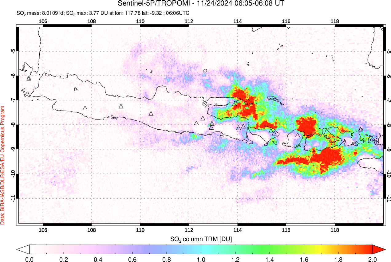 A sulfur dioxide image over Java, Indonesia on Nov 24, 2024.