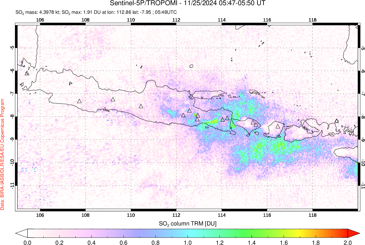 A sulfur dioxide image over Java, Indonesia on Nov 25, 2024.