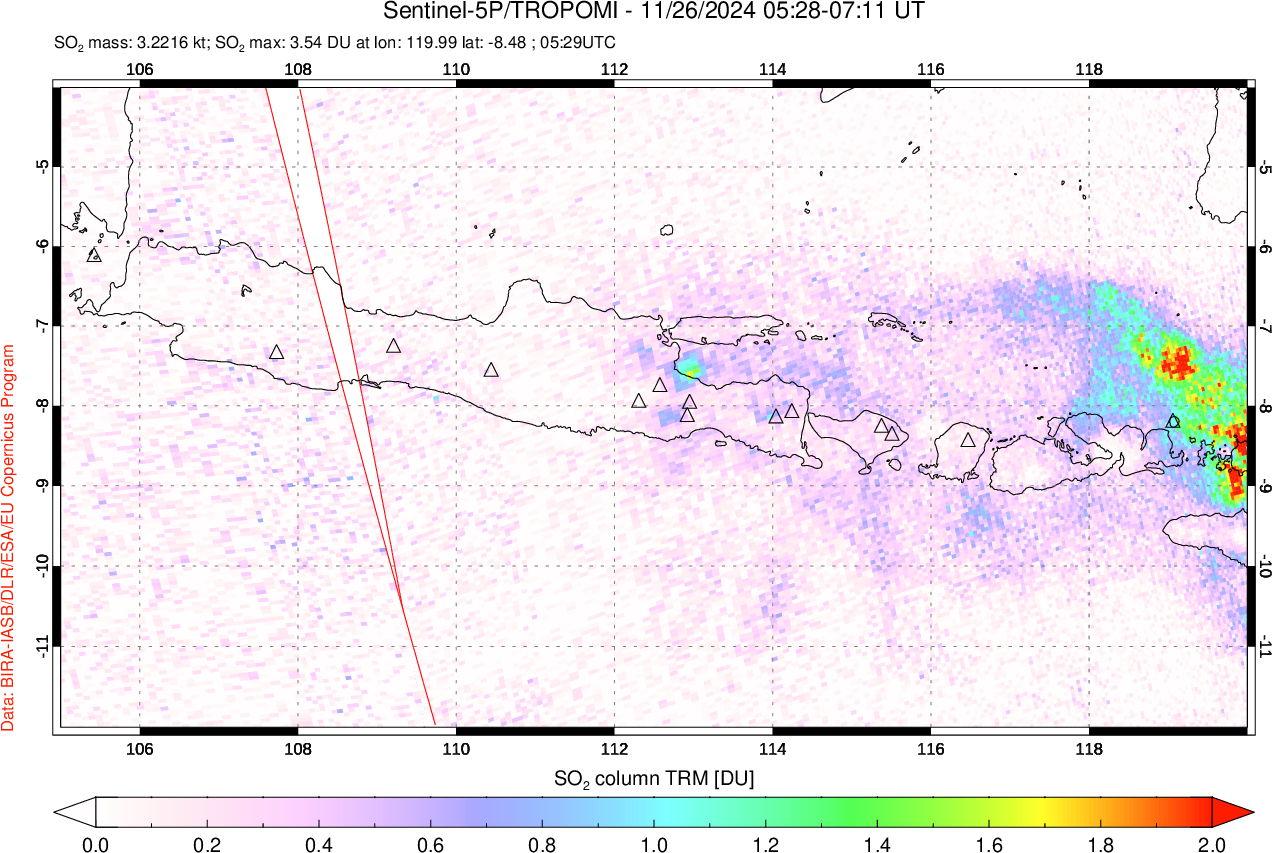 A sulfur dioxide image over Java, Indonesia on Nov 26, 2024.