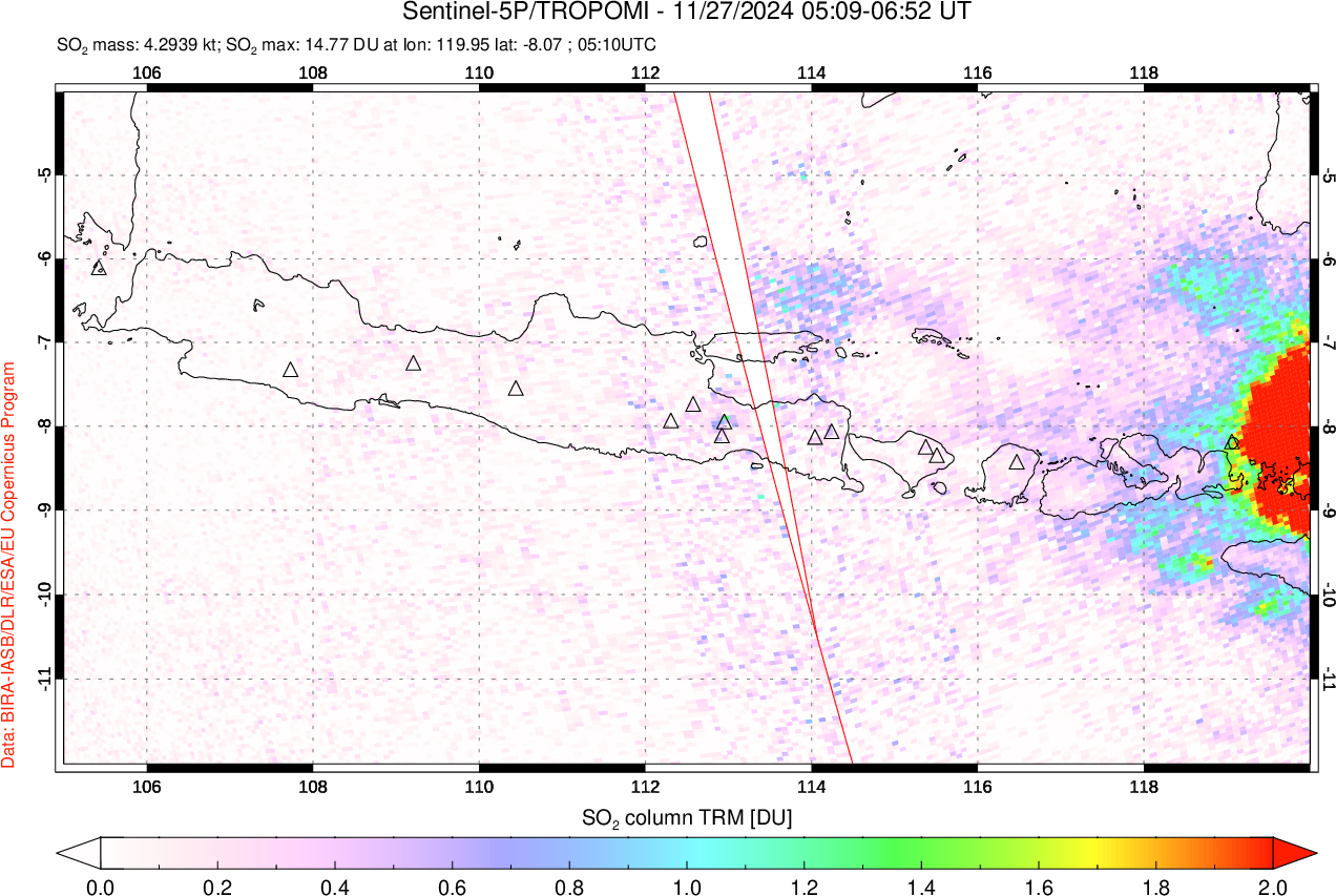 A sulfur dioxide image over Java, Indonesia on Nov 27, 2024.