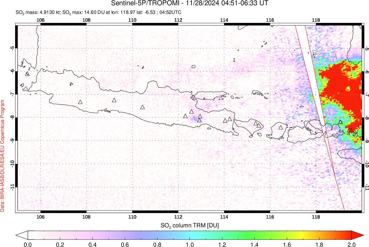 A sulfur dioxide image over Java, Indonesia on Nov 28, 2024.