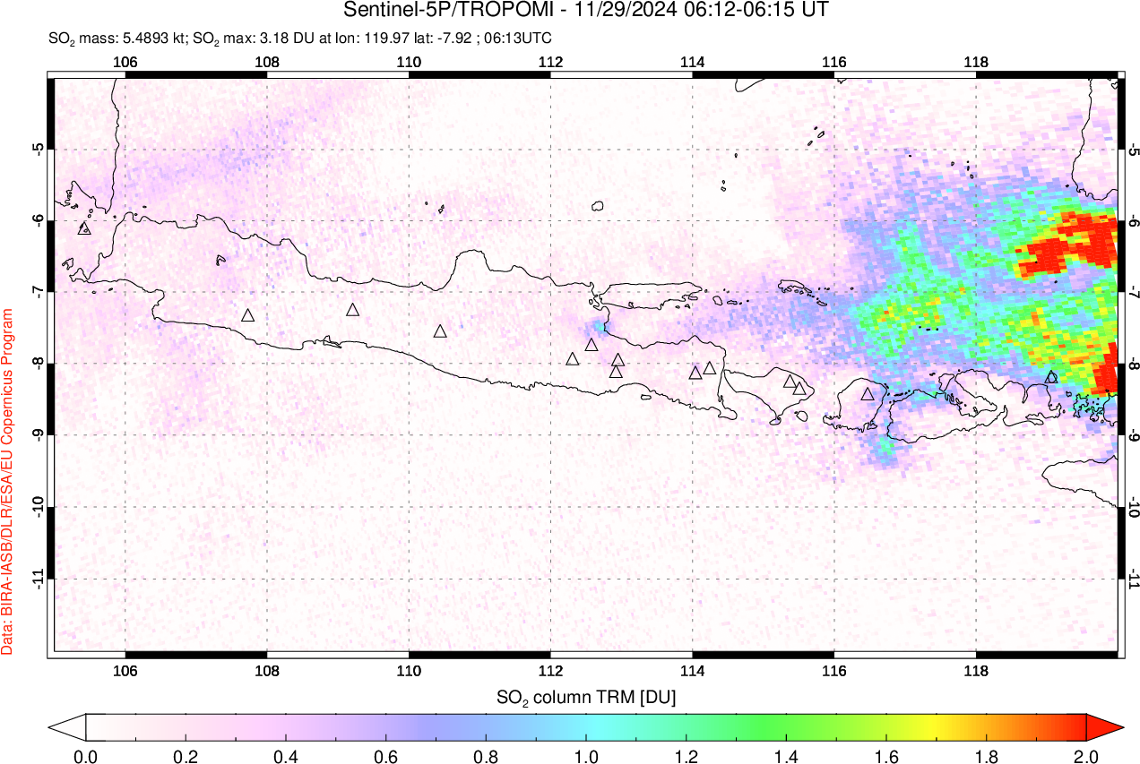 A sulfur dioxide image over Java, Indonesia on Nov 29, 2024.