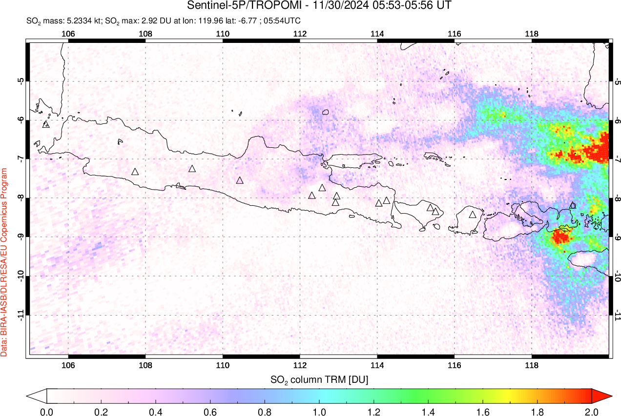 A sulfur dioxide image over Java, Indonesia on Nov 30, 2024.