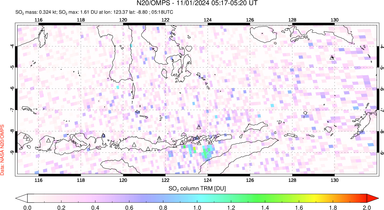 A sulfur dioxide image over Lesser Sunda Islands, Indonesia on Nov 01, 2024.