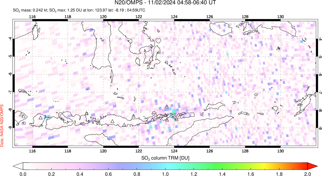 A sulfur dioxide image over Lesser Sunda Islands, Indonesia on Nov 02, 2024.