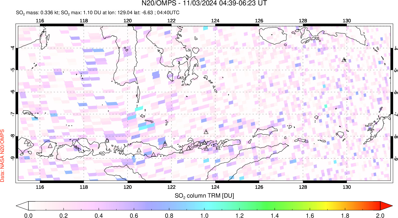 A sulfur dioxide image over Lesser Sunda Islands, Indonesia on Nov 03, 2024.