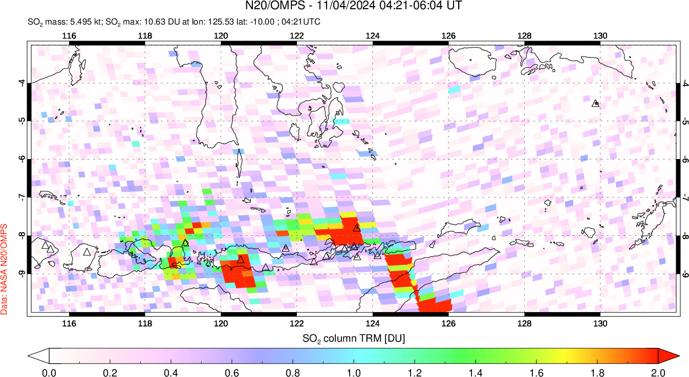 A sulfur dioxide image over Lesser Sunda Islands, Indonesia on Nov 04, 2024.