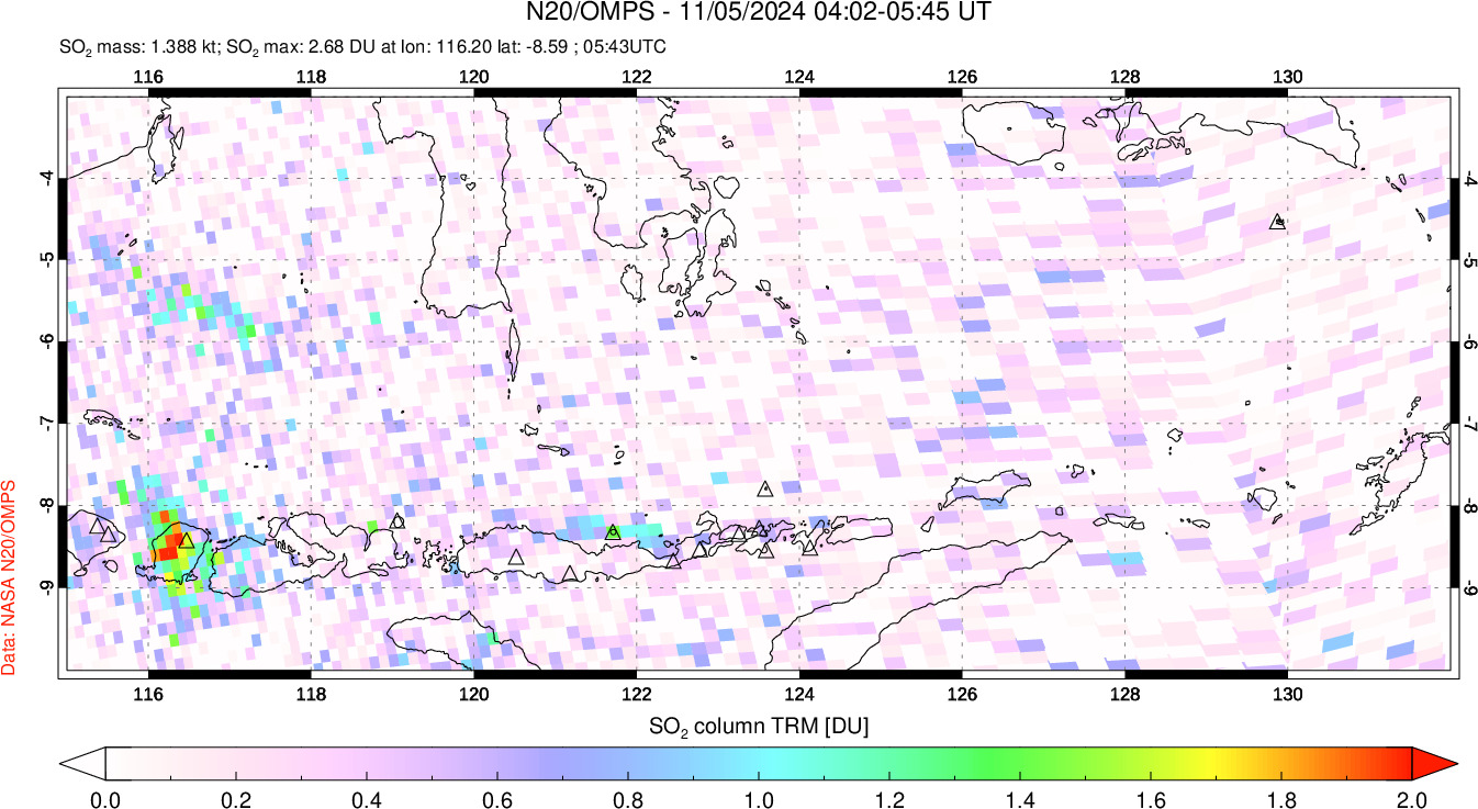 A sulfur dioxide image over Lesser Sunda Islands, Indonesia on Nov 05, 2024.