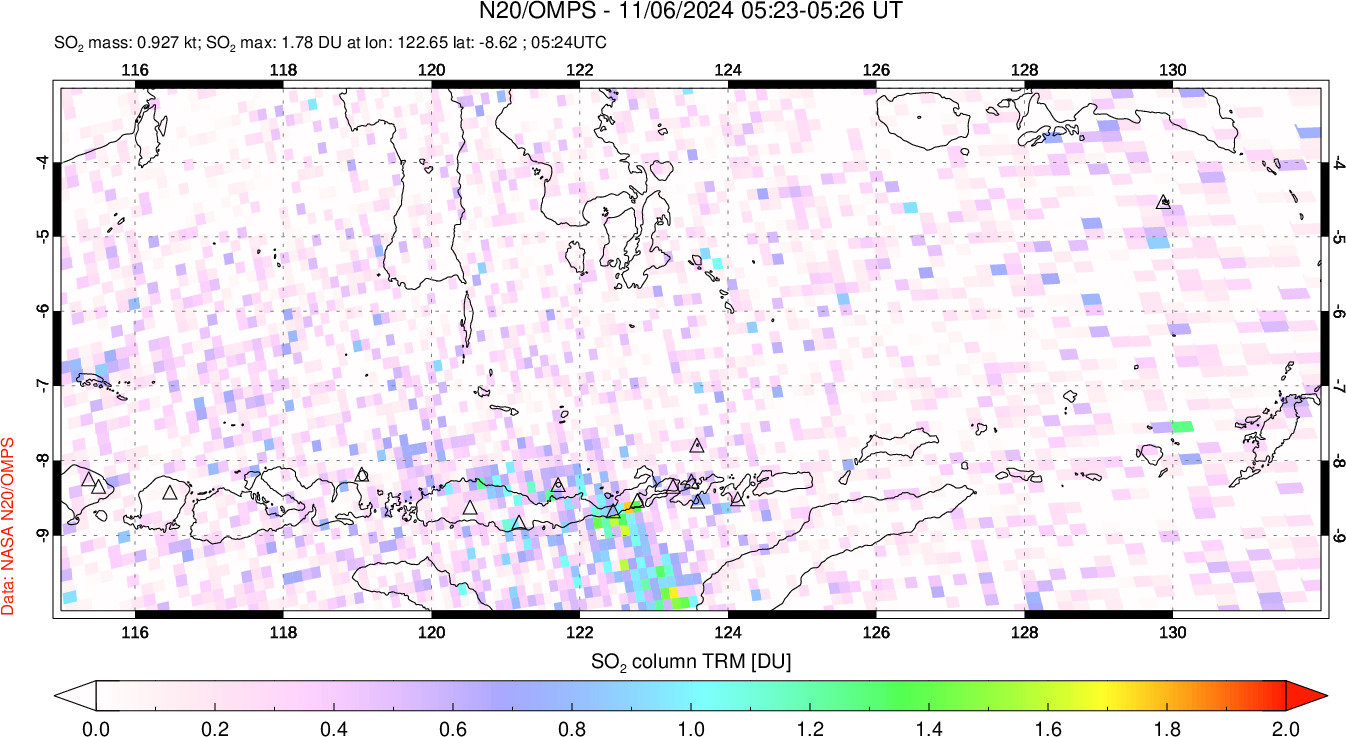 A sulfur dioxide image over Lesser Sunda Islands, Indonesia on Nov 06, 2024.