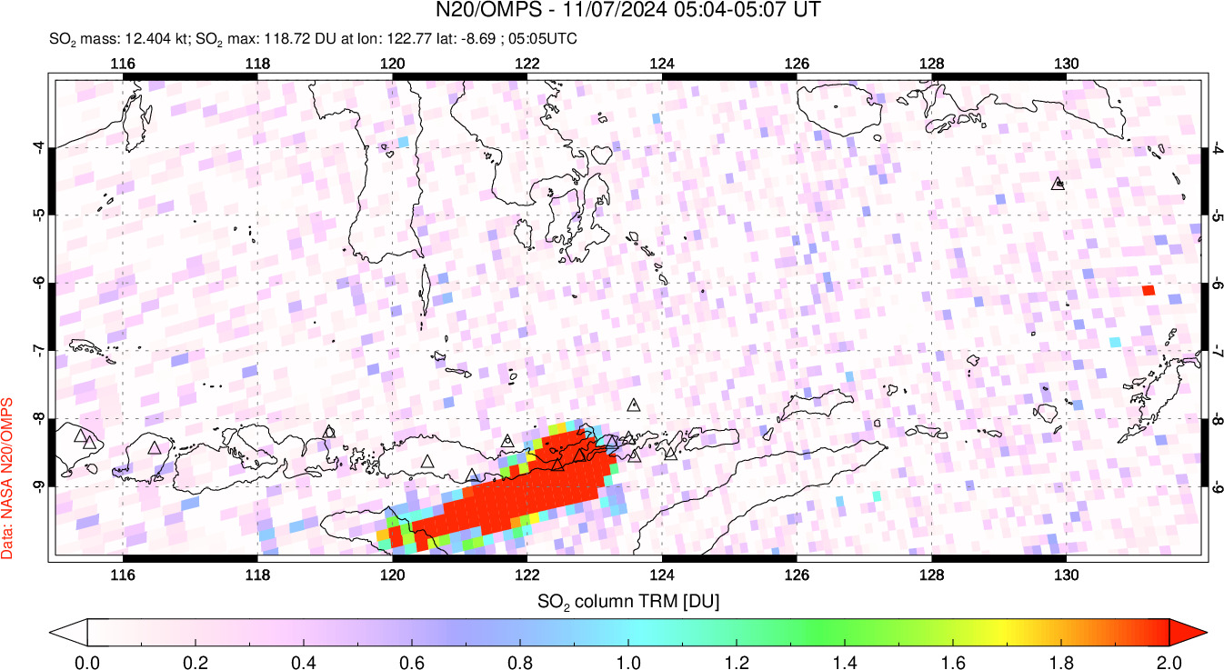 A sulfur dioxide image over Lesser Sunda Islands, Indonesia on Nov 07, 2024.