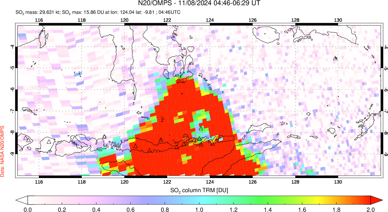 A sulfur dioxide image over Lesser Sunda Islands, Indonesia on Nov 08, 2024.