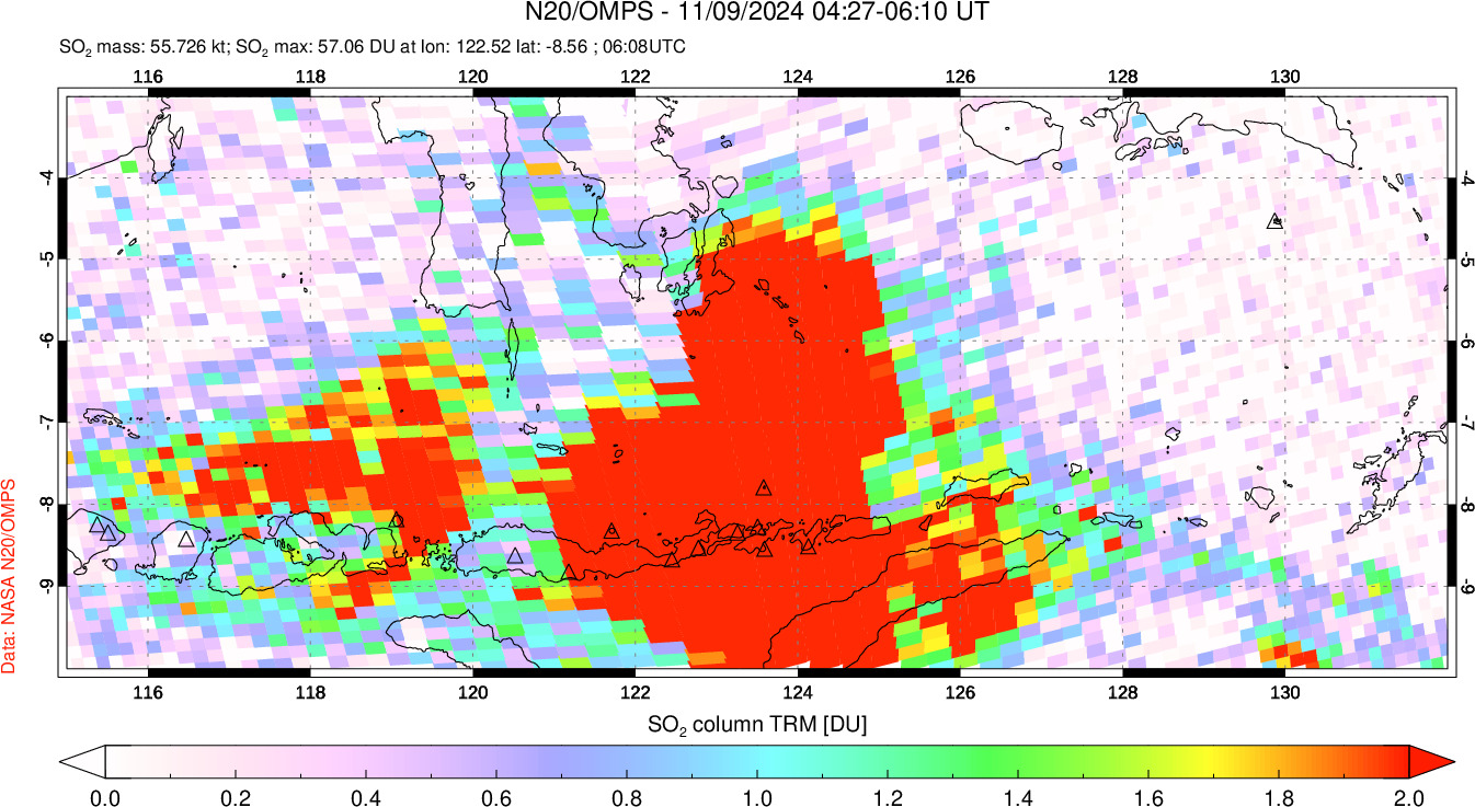 A sulfur dioxide image over Lesser Sunda Islands, Indonesia on Nov 09, 2024.