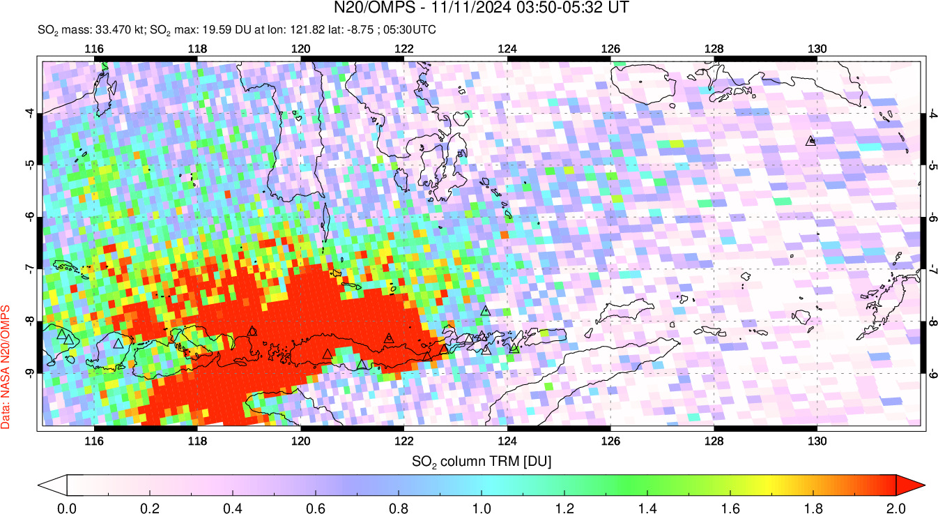 A sulfur dioxide image over Lesser Sunda Islands, Indonesia on Nov 11, 2024.