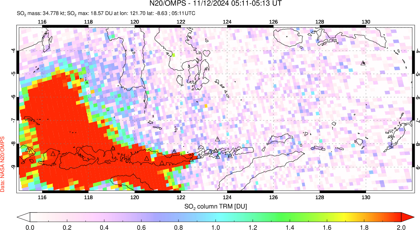 A sulfur dioxide image over Lesser Sunda Islands, Indonesia on Nov 12, 2024.