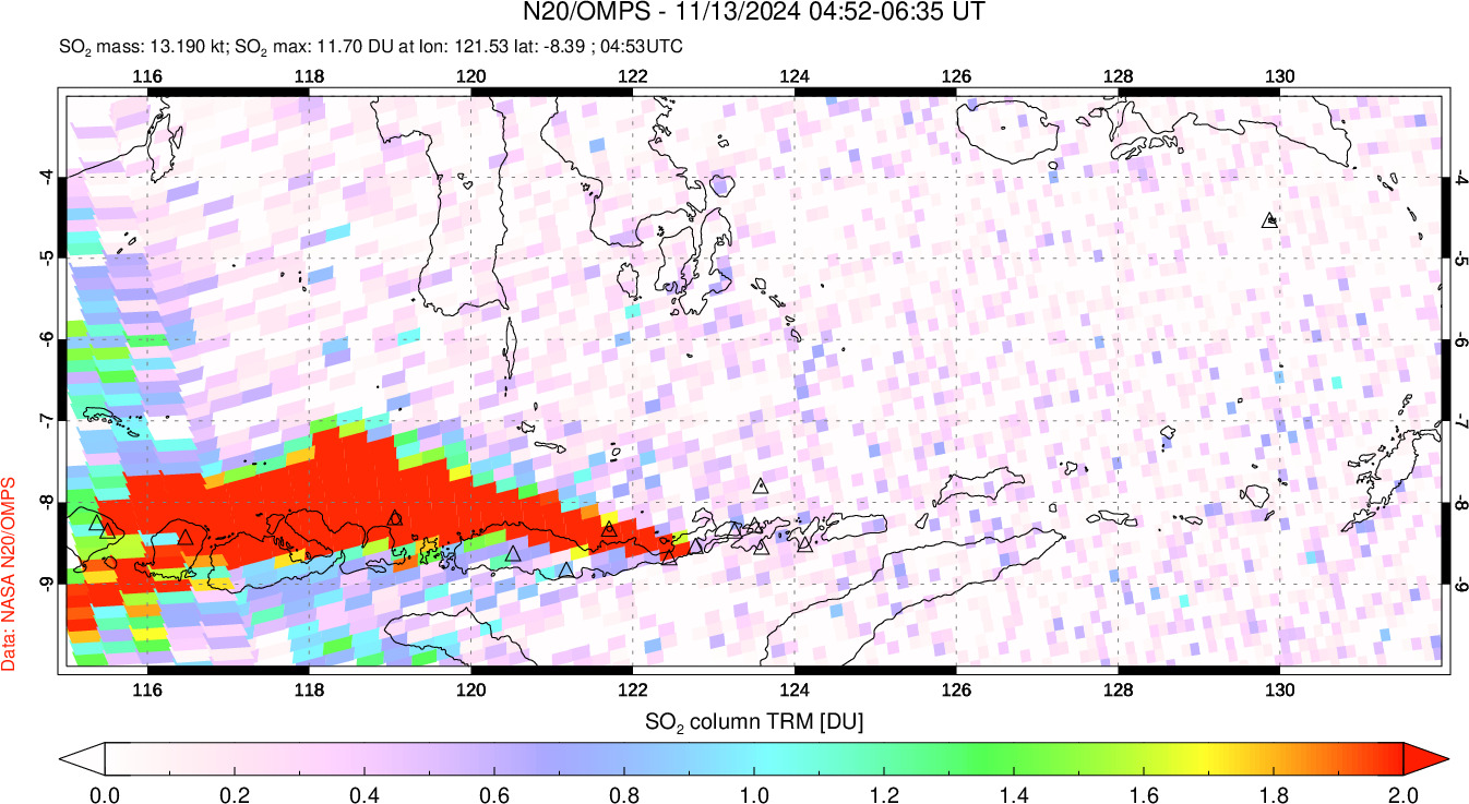 A sulfur dioxide image over Lesser Sunda Islands, Indonesia on Nov 13, 2024.