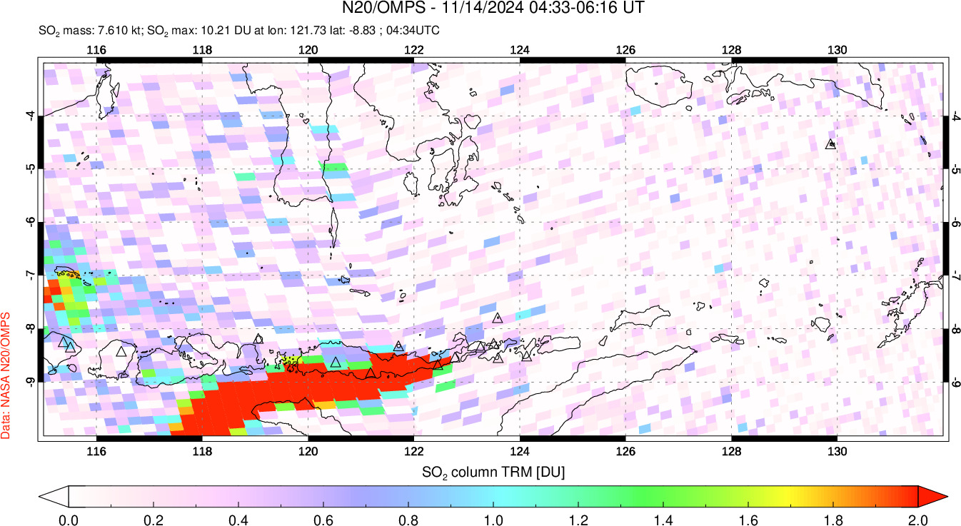 A sulfur dioxide image over Lesser Sunda Islands, Indonesia on Nov 14, 2024.