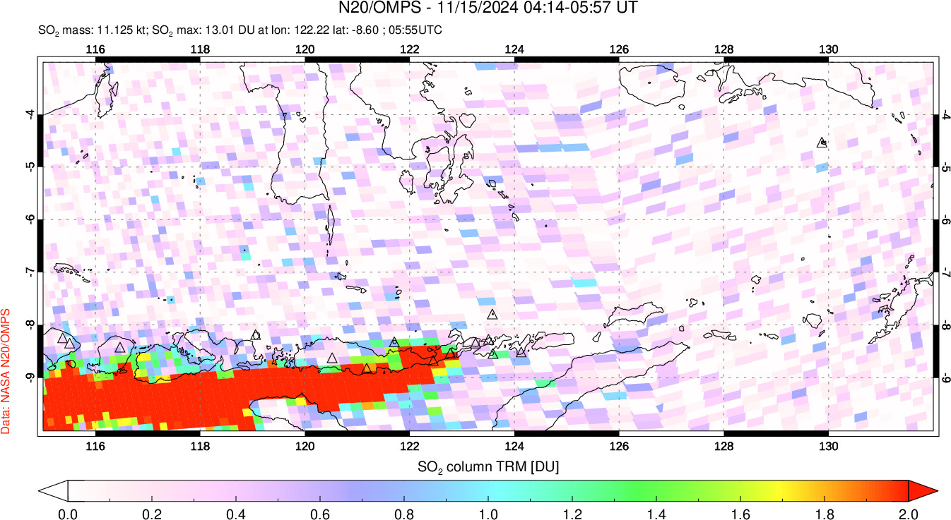 A sulfur dioxide image over Lesser Sunda Islands, Indonesia on Nov 15, 2024.