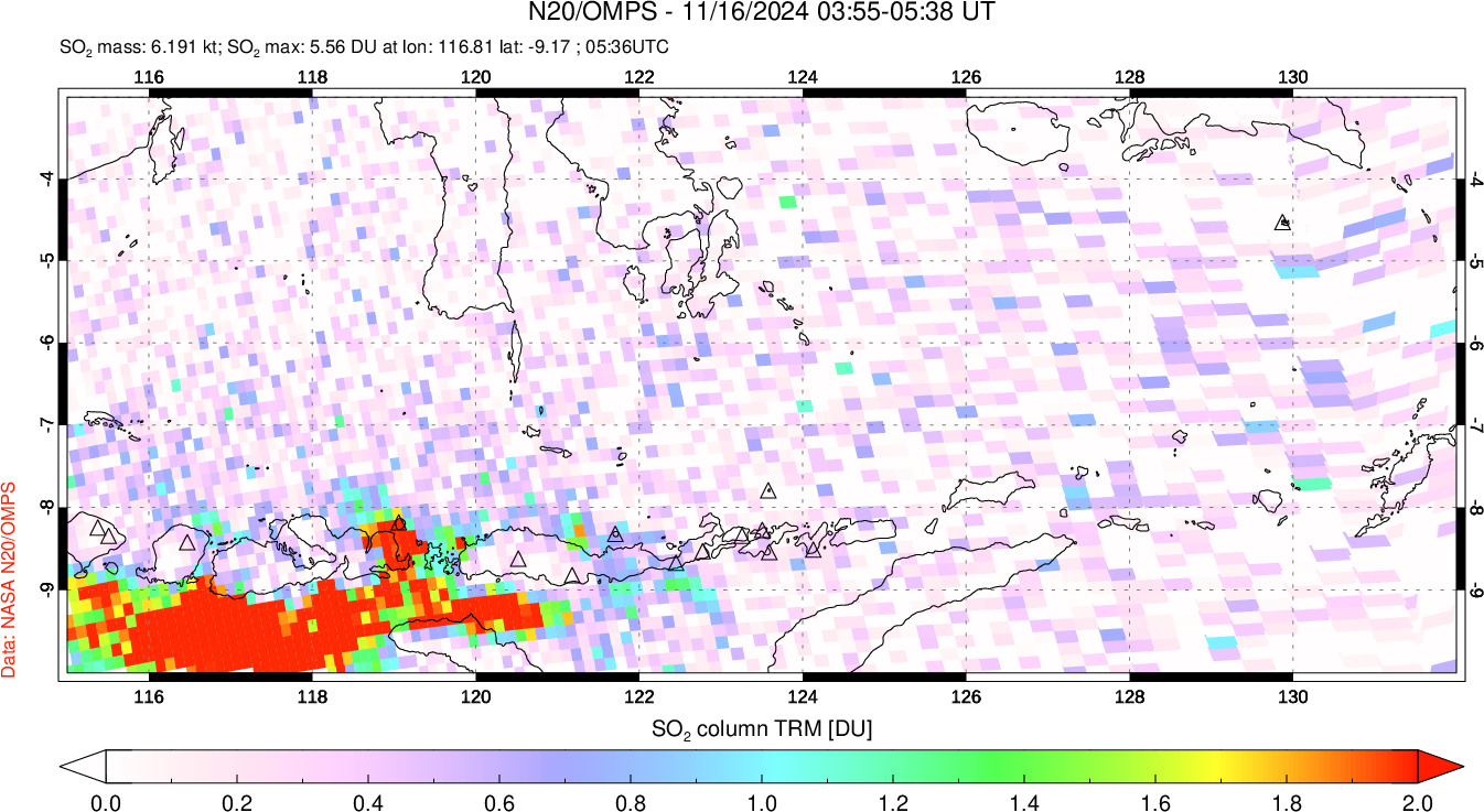 A sulfur dioxide image over Lesser Sunda Islands, Indonesia on Nov 16, 2024.