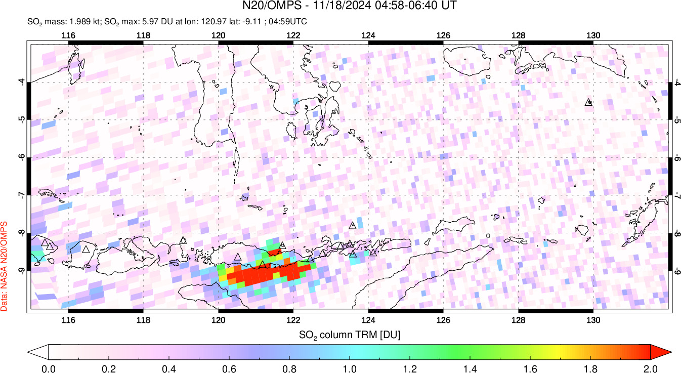 A sulfur dioxide image over Lesser Sunda Islands, Indonesia on Nov 18, 2024.