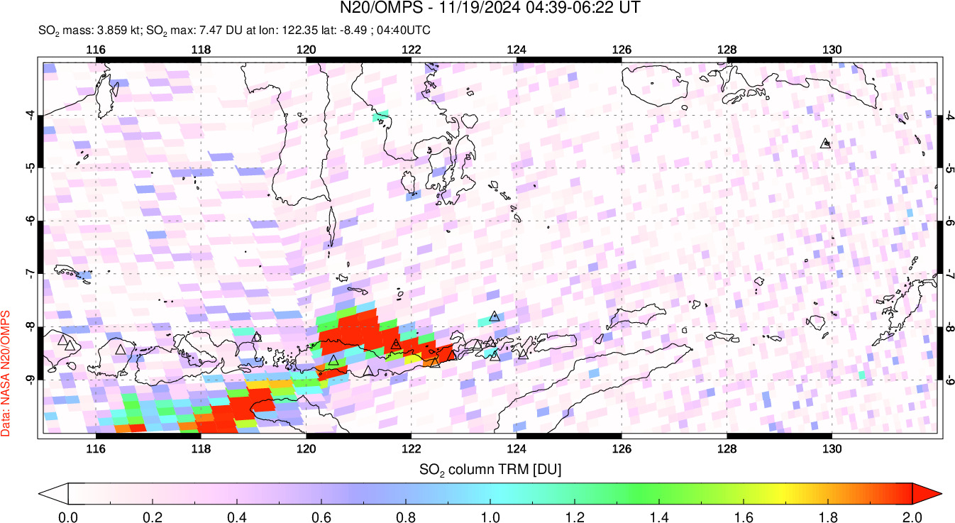 A sulfur dioxide image over Lesser Sunda Islands, Indonesia on Nov 19, 2024.