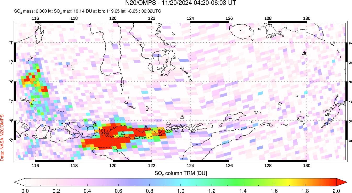 A sulfur dioxide image over Lesser Sunda Islands, Indonesia on Nov 20, 2024.