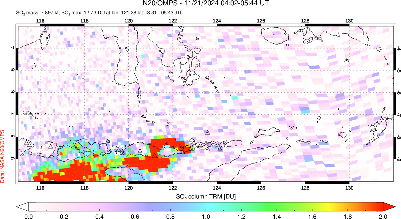 A sulfur dioxide image over Lesser Sunda Islands, Indonesia on Nov 21, 2024.