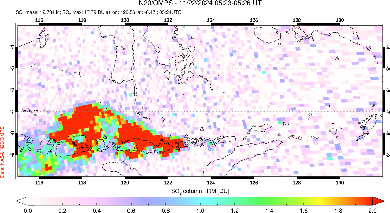 A sulfur dioxide image over Lesser Sunda Islands, Indonesia on Nov 22, 2024.