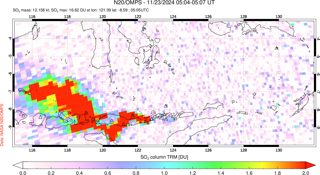 A sulfur dioxide image over Lesser Sunda Islands, Indonesia on Nov 23, 2024.