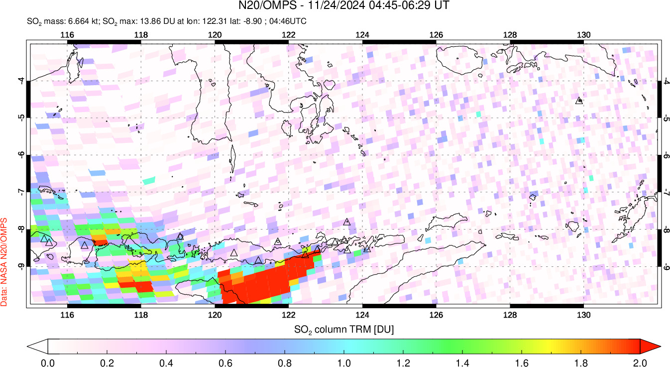 A sulfur dioxide image over Lesser Sunda Islands, Indonesia on Nov 24, 2024.