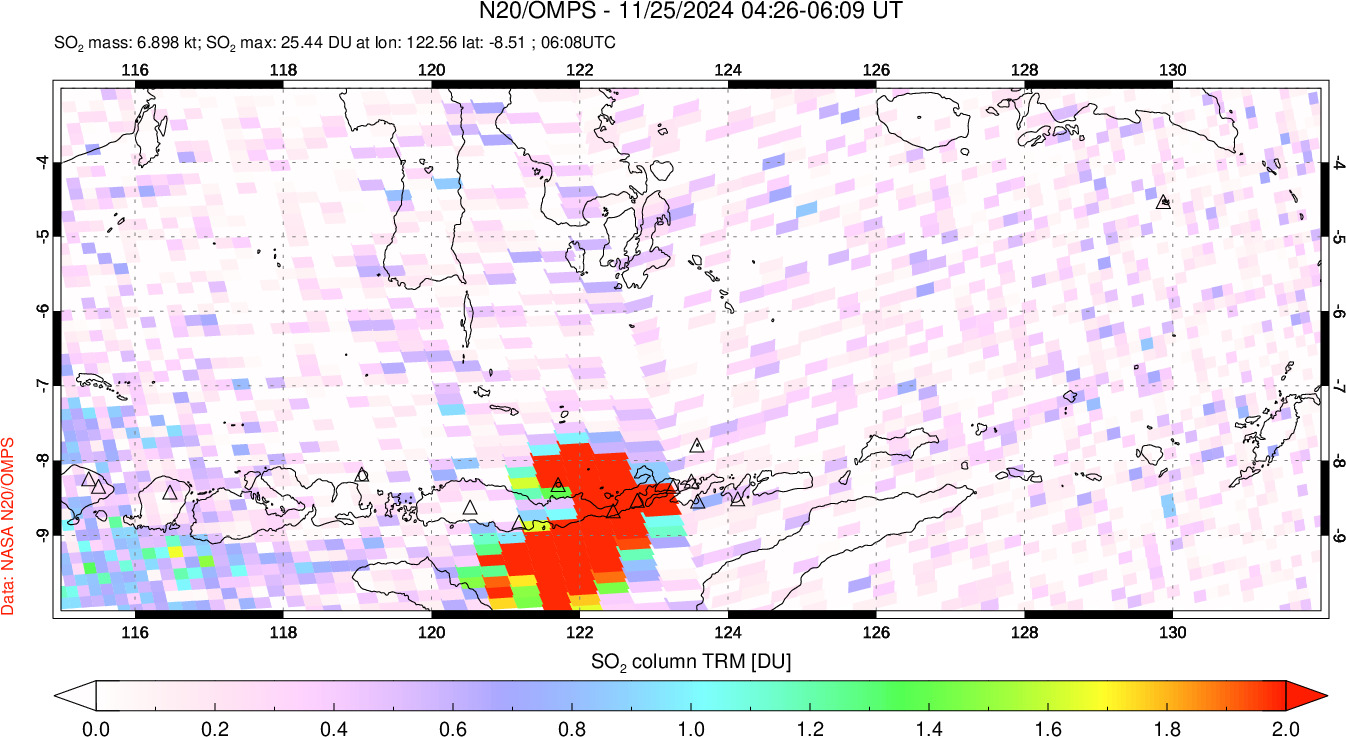 A sulfur dioxide image over Lesser Sunda Islands, Indonesia on Nov 25, 2024.