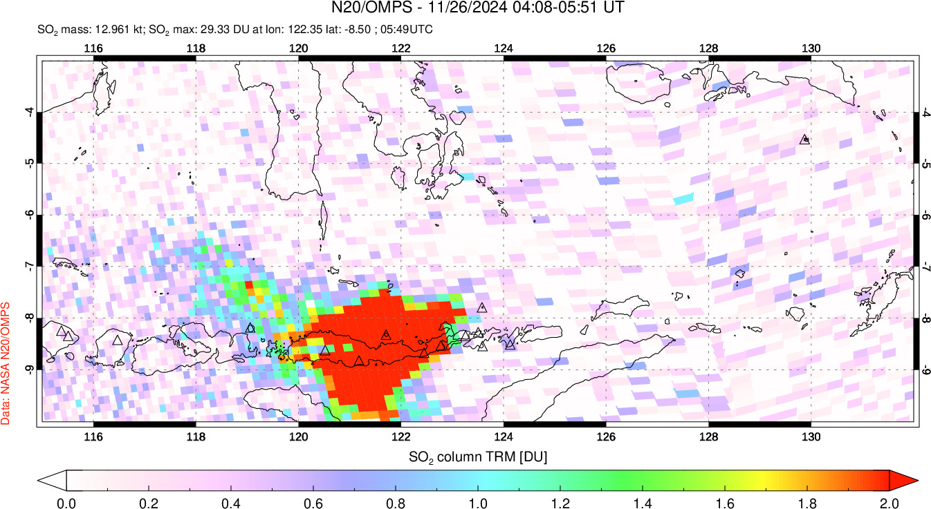 A sulfur dioxide image over Lesser Sunda Islands, Indonesia on Nov 26, 2024.